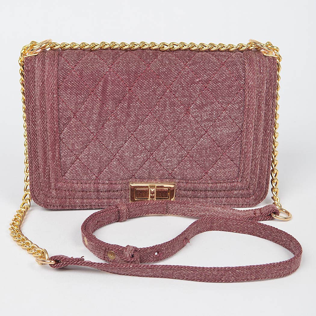 Quilted Denim Shoulder Bag: Burgundy