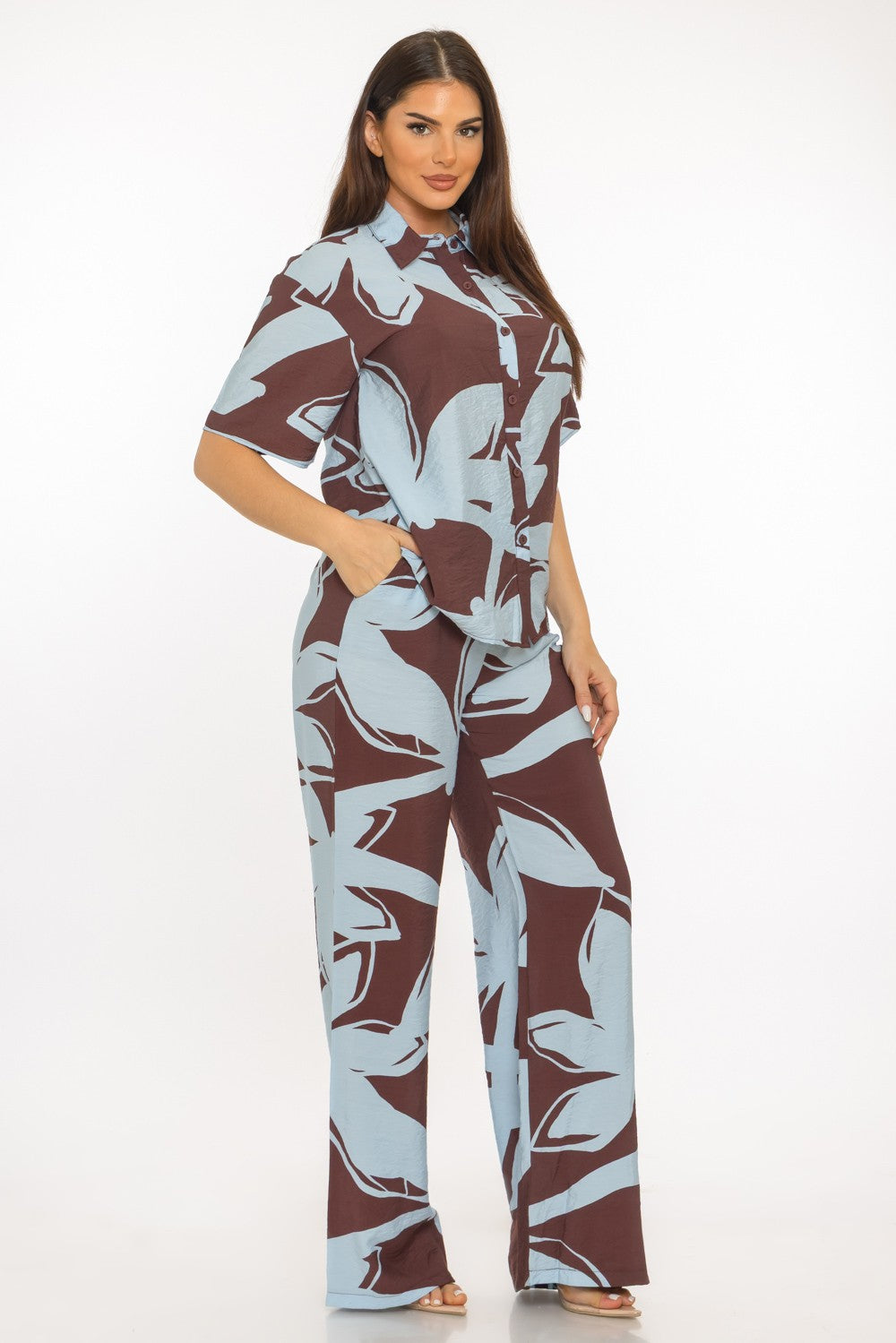 Bali Print Front Button Down Top And Pants Set