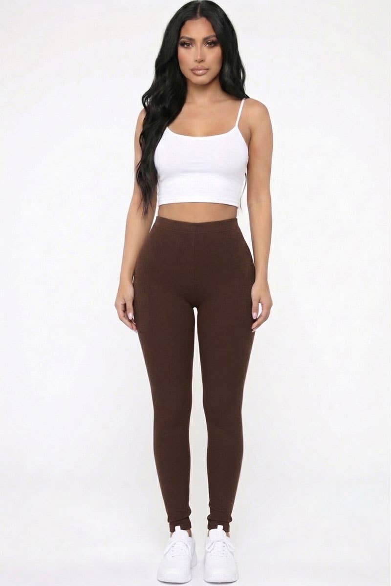 Solid High Waist Leggings-CHOCOLATE BROWN