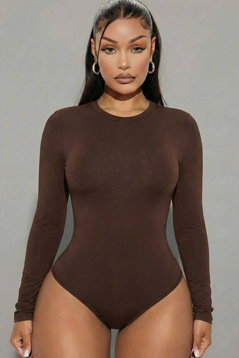 Solid Long Sleeve Round Neck Bodysuit-Brown and White
