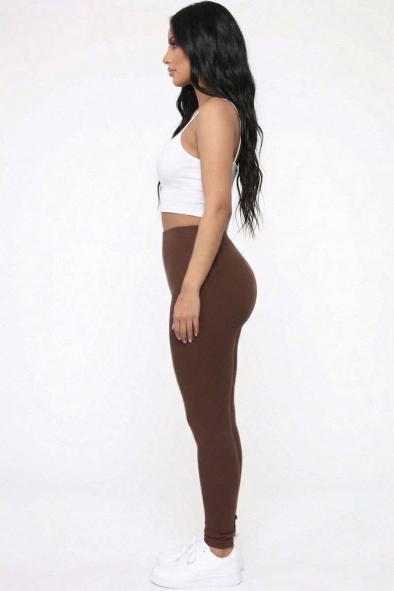 Solid High Waist Leggings-CHOCOLATE BROWN