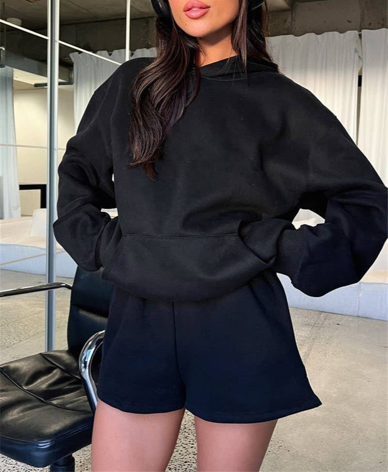 Basic pocket hoodie &  drawstring short set outfits