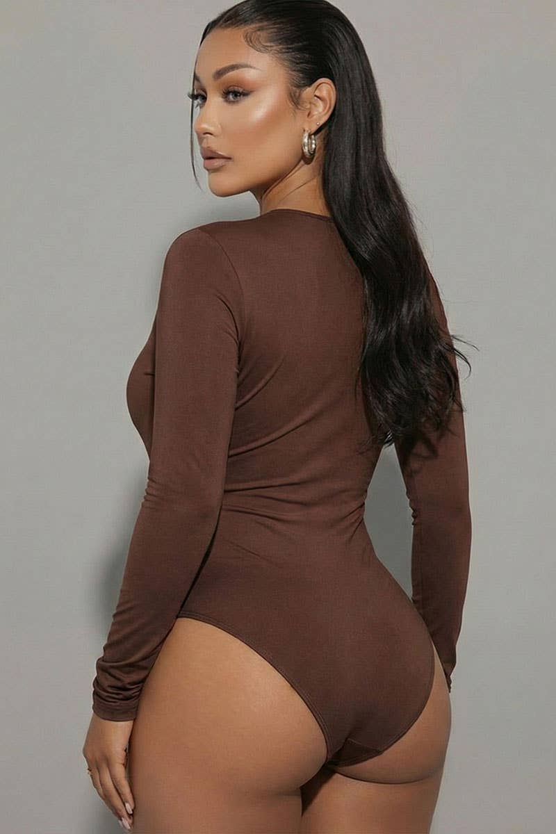 Solid Long Sleeve Round Neck Bodysuit-Brown and White