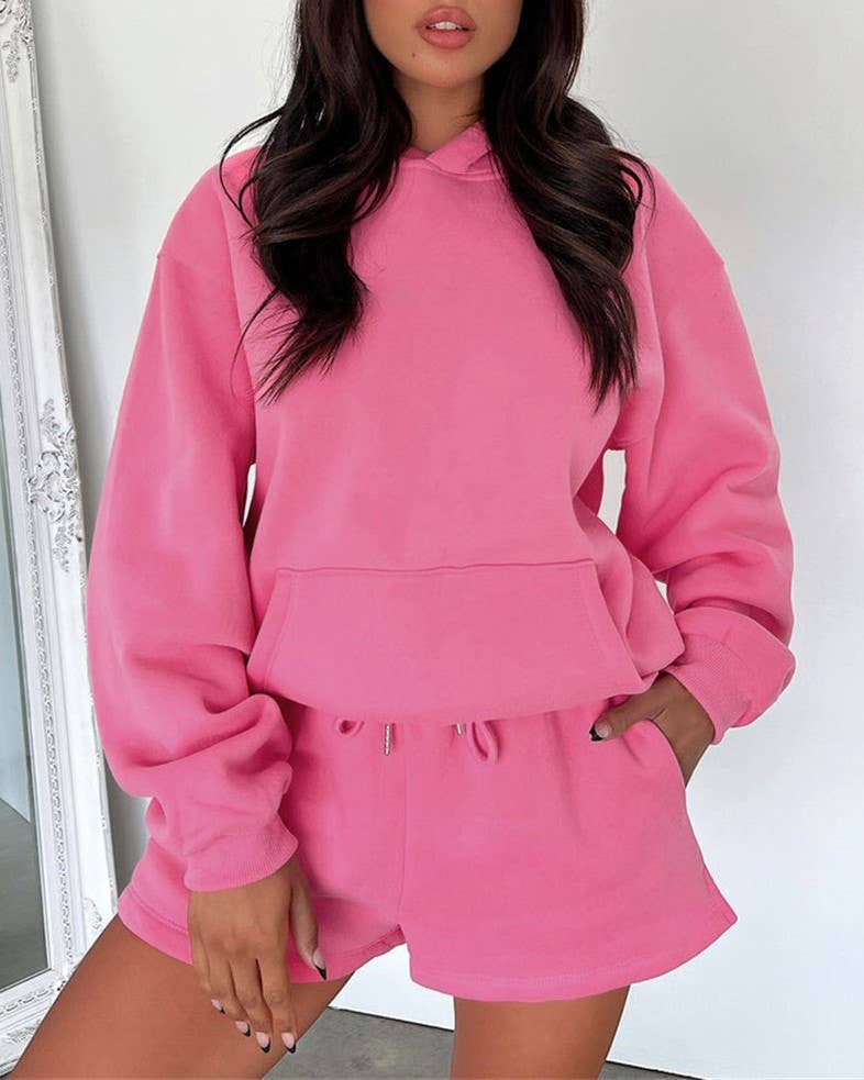 Basic pocket hoodie &  drawstring short set outfits
