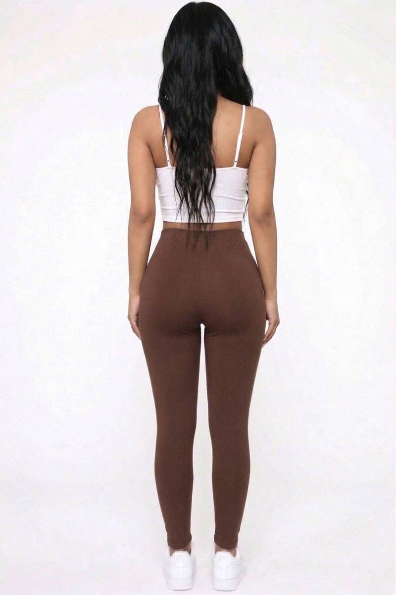 Solid High Waist Leggings-CHOCOLATE BROWN