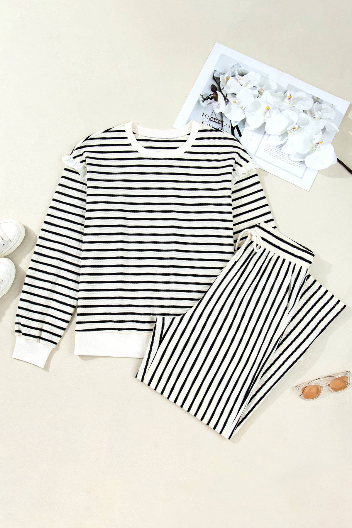 Ruffle Trim Drop Shoulder Top Drawstring Loose Pant Set
