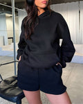 Basic pocket hoodie &  drawstring short set outfits