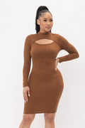 Sweater Rib Cut Out Mock Neck Dress