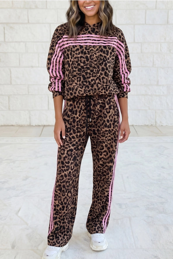 Leopard Print Striped Long Sleeve Top Pant Set