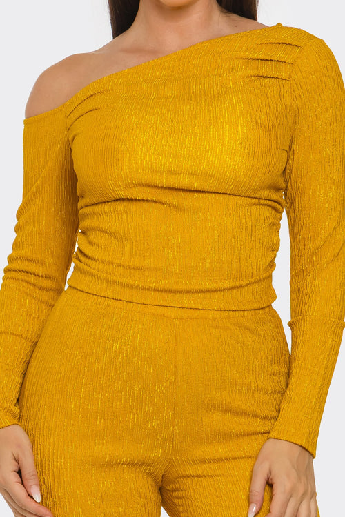 Asymmetrical Shoulder Shirring Top And Pants Set