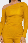 Asymmetrical Shoulder Shirring Top And Pants Set