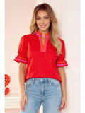 Patchwork Colorblock V Neck Short Sleeve Blouse