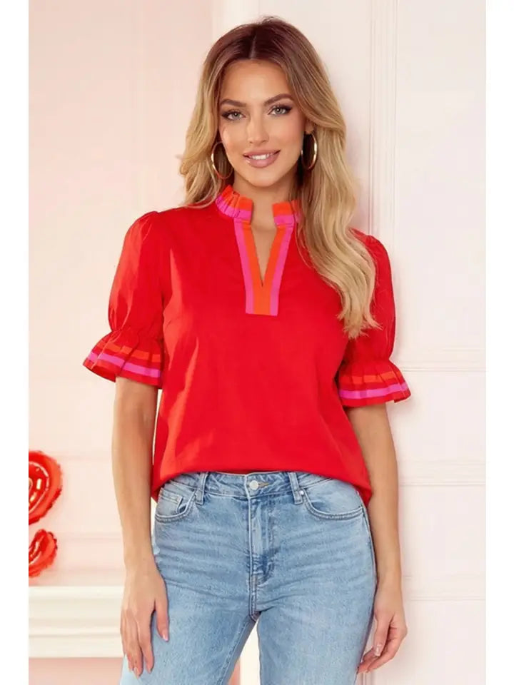 Patchwork Colorblock V Neck Short Sleeve Blouse