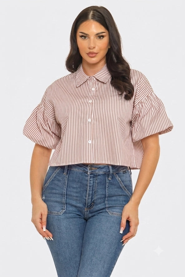 Poplin Stripe Front Button Down Detail Collar Neck Bubble Sleeve Crop Shirts Crop Top  Model: 5' 7, Bust 35" Waist 25", Hips 40" 100% Cotton