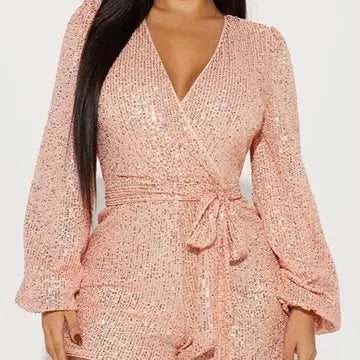 V Neck Balloon Sleeve Sequin Romper