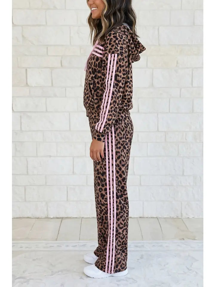 Leopard Print Striped Long Sleeve Top Pant Set