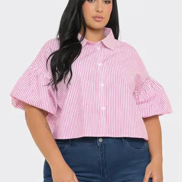 Lovely- Stripe Button Down Bubble Sleeve Shirts Crop Top