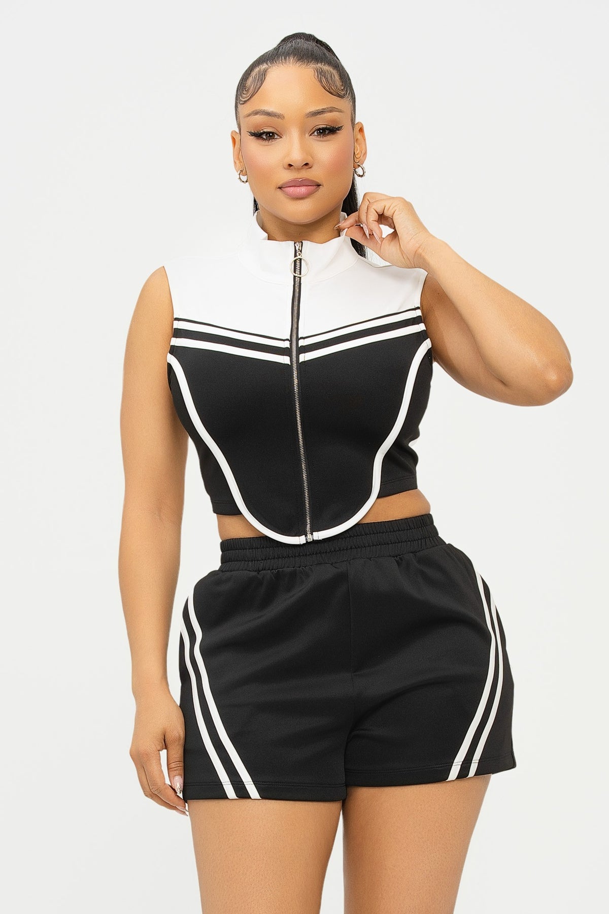 Stripe Taping Details Front Zipper Top Short Set