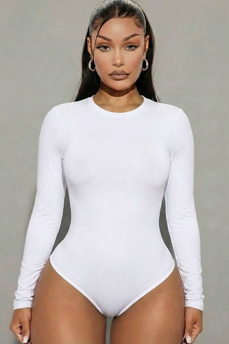 Solid Long Sleeve Round Neck Bodysuit-Brown and White