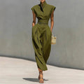 SOLID COLOR STAND-UP COLLAR FITTED WAIST DRESS