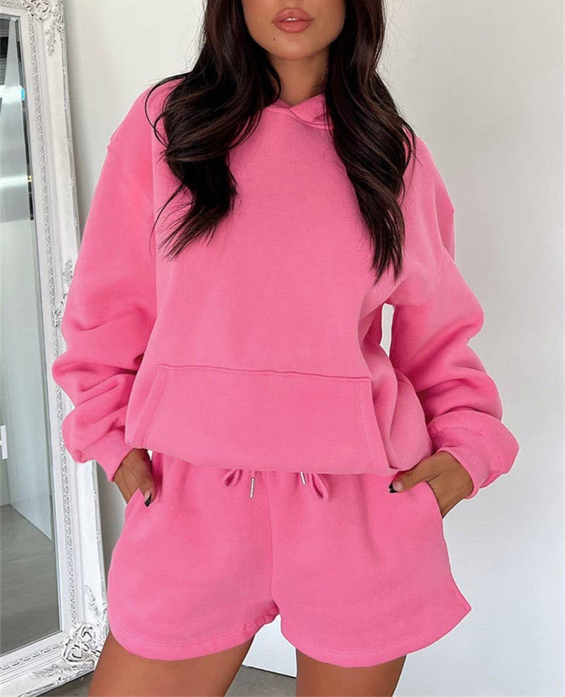 Basic pocket hoodie &  drawstring short set outfits