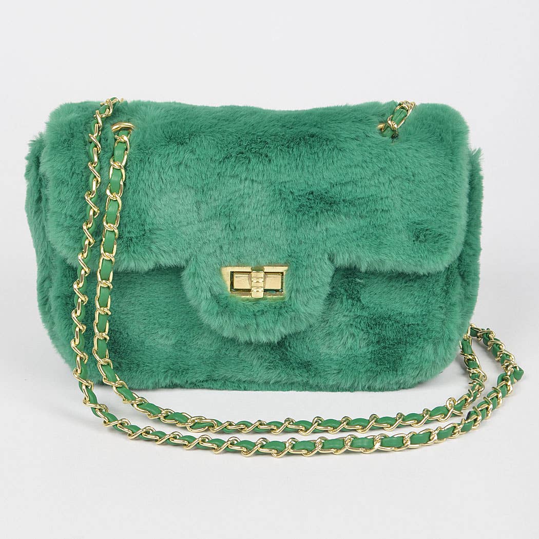 Faux Wool Flap Shoulder Bag: Green