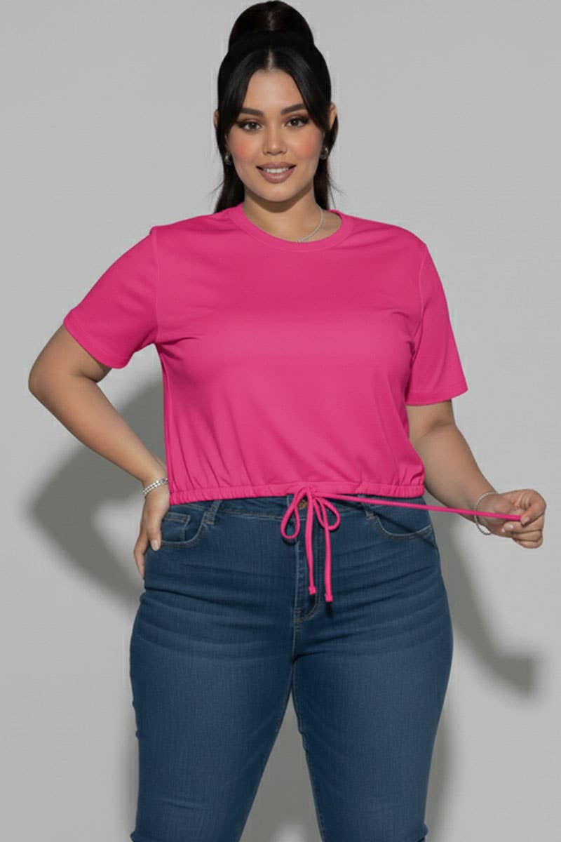 Plus Size Tie Front Drawstring Short Sleeve Crop Top