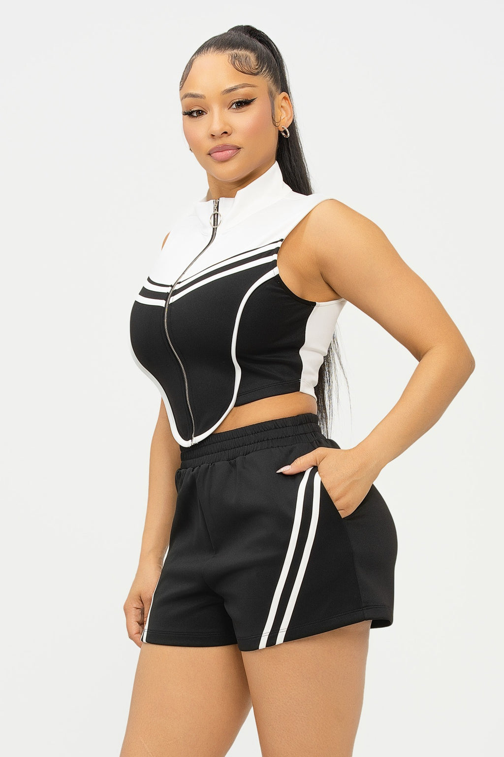 Stripe Taping Details Front Zipper Top Short Set