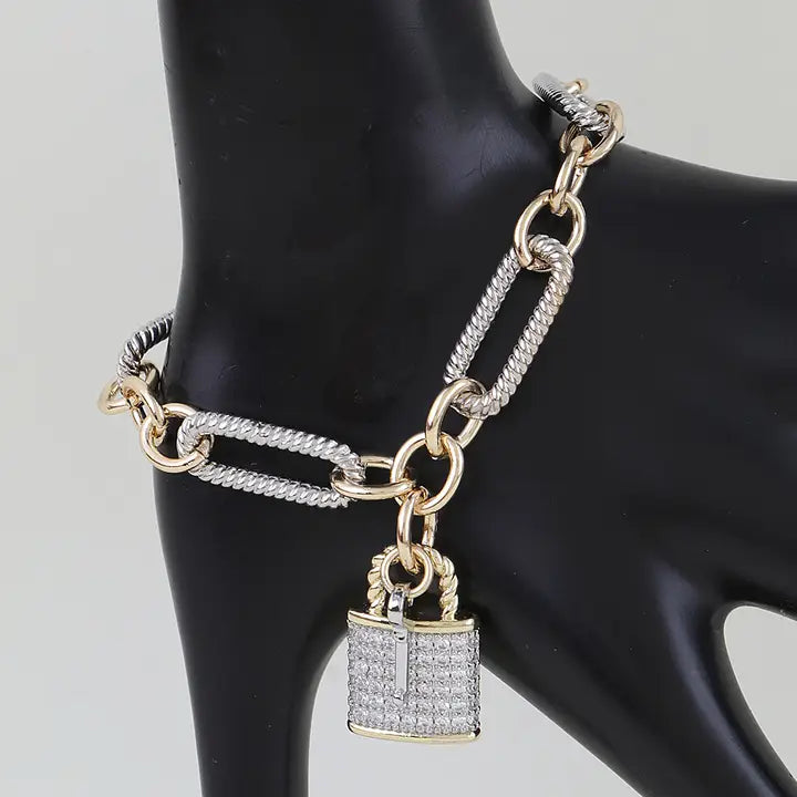 Two Toned Cubic Zirconia Lock Chain Bracelet
