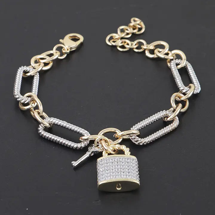 Two Toned Cubic Zirconia Lock Chain Bracelet